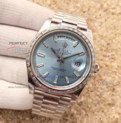 Perfect Replica Day Date Swiss Rolex Watches - Ice Blue Diamond Dial Diamond Bezel